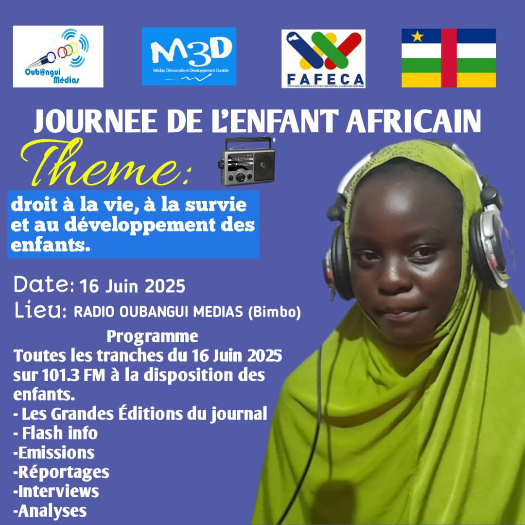 MediasOubangui's tweet image. Aujourd&apos;hui, nous célébrons la Journée de l’Enfant Africain #JEA, l&apos;antenne de la radio Oubangui Médias est dédiée aux enfants.
#Centrafrique 
@MediasOubangui 
#M3D 
#Fafeca
#UNICEF 
@UNICEF_FR 
@UNICEF_CAR 
@tchadinfos