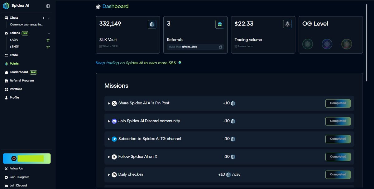 Spidex_ag's tweet photo. How many SILK Points did you stack today?
Lemme go first! π€ͺ
#SpidexAI #BetaApp #Cardano