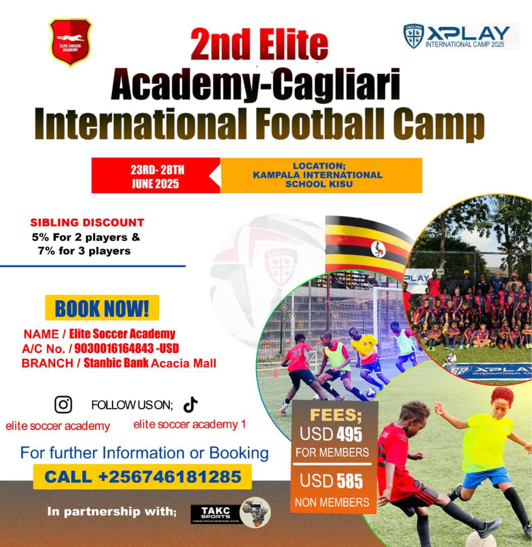 #YouthSports Do you have a footballer in your household aged 6-18? Then sign up for this international camp with Serie A Italian team Cagliari &amp; Ugandan Elite Soccer Academy in Uganda. Fees include :
Italian Cagliari 2025 kit 
Italian Cagliari 2025 ball 
Italian and Ugandan