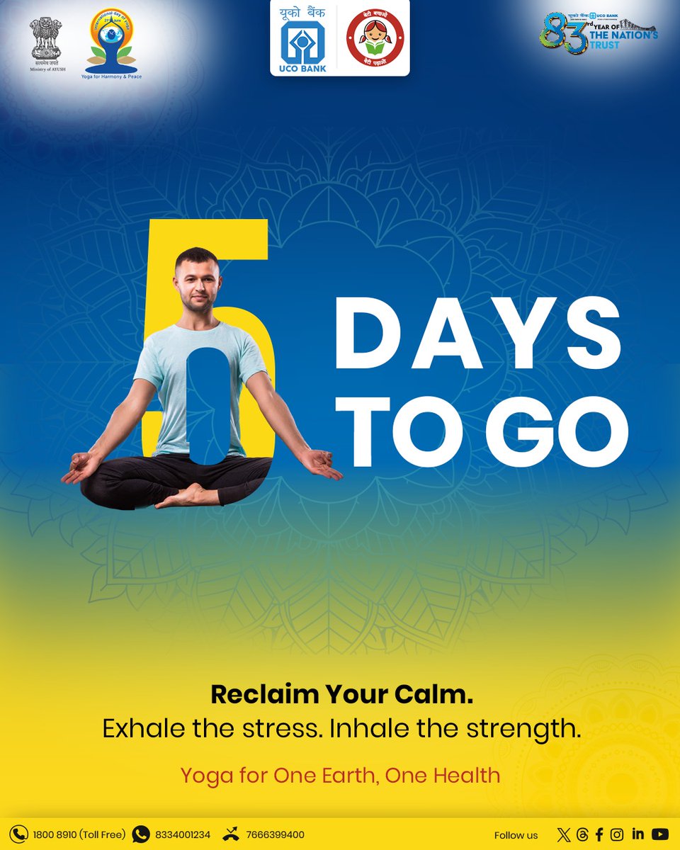 🧘‍♂️ Just 5 Days to Go!
Let the countdown to inner peace begin! 🌼
This International Yoga Day, take a moment to breathe, stretch, and reconnect with yourself.
🌍 Yoga for One Earth, One Health
🌀 Reclaim your calm. Exhale the stress. Inhale the strength.
#YogaDay2025 #5DaysToGo