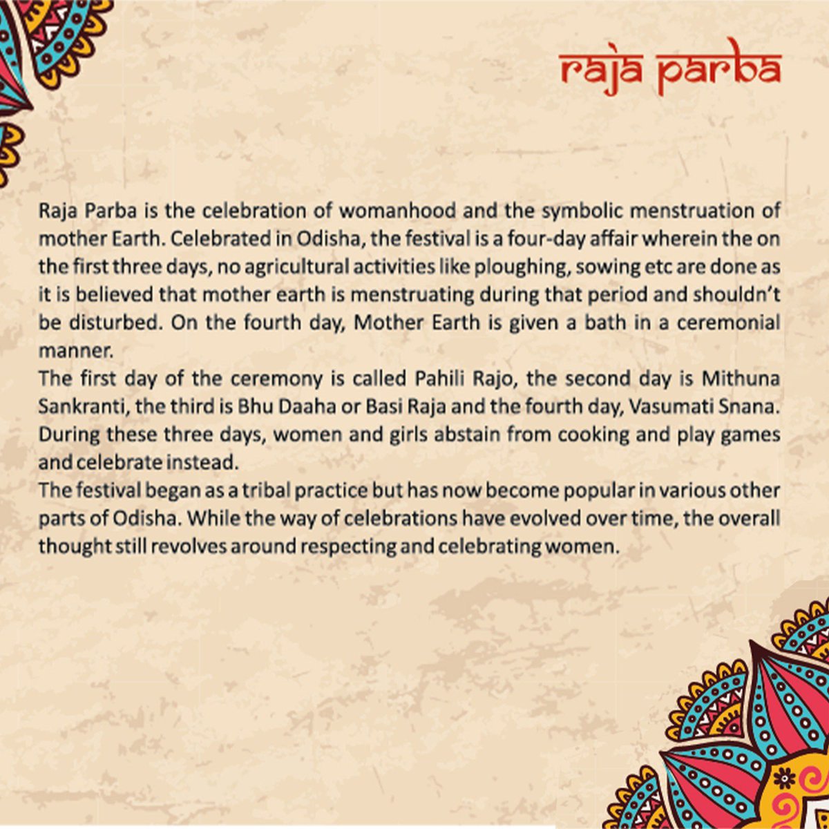 Celebrated with joy in Odisha, Raja Parba is one of the few festivals in the world that celebrates menstruation with pride. Read more about such unique regional festivals in our booklet: goregional.in/Booklet/Bookle… 

#RajaParba #Odisha #Monsoon  #RegionalPR #FuzionPR #Trust