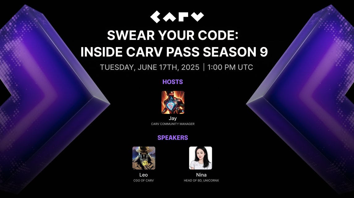 carv_official's tweet photo. Join us for an exclusive X Space to dive into CARV Pass Season 9: Digital Oath.

🔹 What’s new in quests?
🔹 Why UnicornX?
🔹 How does staking unlock more rewards?

🗓️ June 17 | 1 PM UTC
🎤 With  Leo @Leo44921110, CGO of CARV, 
                  Nina, Head of BD from @UV_DAO

🎁 Bonus Rewards
1. Like + QT this post — 10 lucky winners get 10 $CARV each. 
2. Drop your questions in the comments — 10 best questions win 10 $CARV each!

🧵 Set a reminder 👇 https://t.co/G0RgDXDnfJ