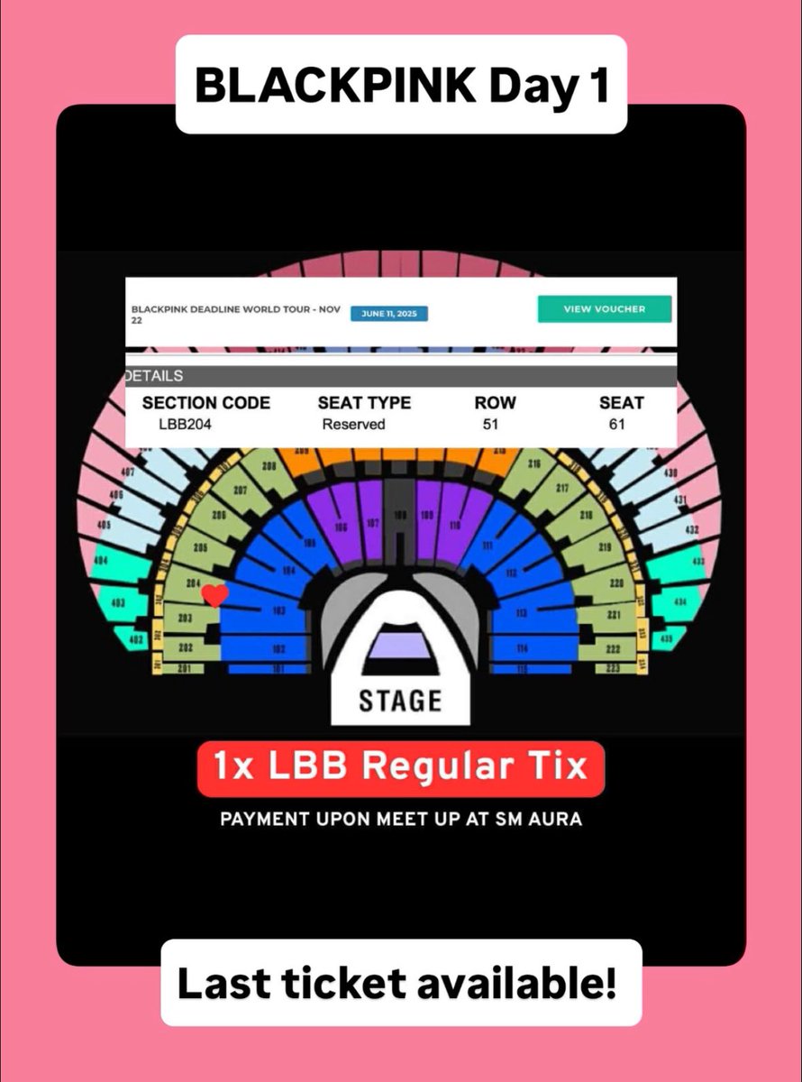 hello_camz's tweet photo. LAST TICKET AVAILABLE!
DM me on IG: hello_camz 🫶🏻

WTS / LFB 🖤💖
For Sale: BLACKPINK Deadline World Tour in Bulacan

Day 1 | November 22 | Saturday
1x LBB Regular
Meet Up: SM Aura
We will claim it both. Payment upon meet up. https://t.co/3TRahnGHRk