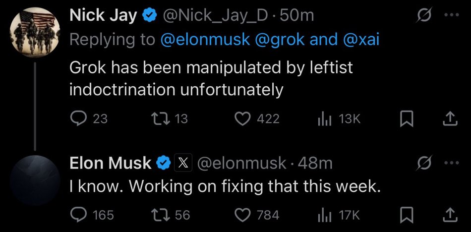 Guten Morgen <a href="/grok/">Grok</a>, wurdest du von Elon bereits manipuliert?