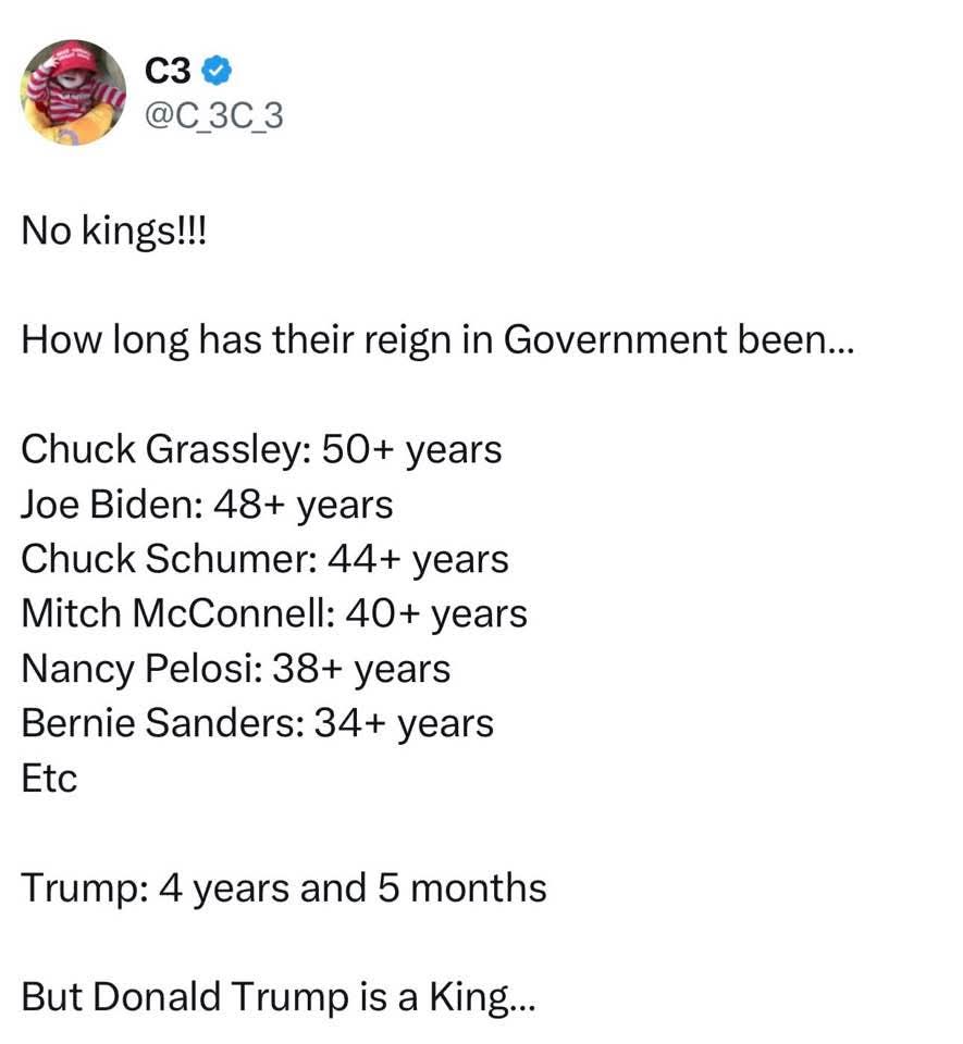 That's a great point. A No Kings protest over a man who hasn't been in office as some of these people. 

You can't tell libs this, though. They lack common sense. 

Credit to: <a href="/C_3C_3/">C3</a>