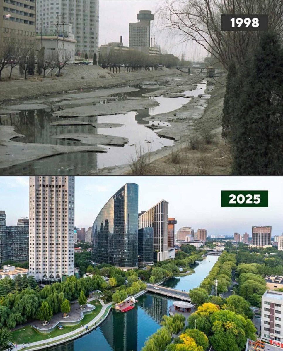 Энэ бол Бээжин хотын Лянма голын 1998 ба 2025 оныг харьцуулсан зураг. Хятадын ногоон хөгжлийн бодлого, байгаль орчныг сэргээх, хот төлөвлөлтийн ухаалаг шийдлүүд хэрхэн бодит үр дүнд хүрч байгааг энэхүү дүр зураг илэрхийлнэ.