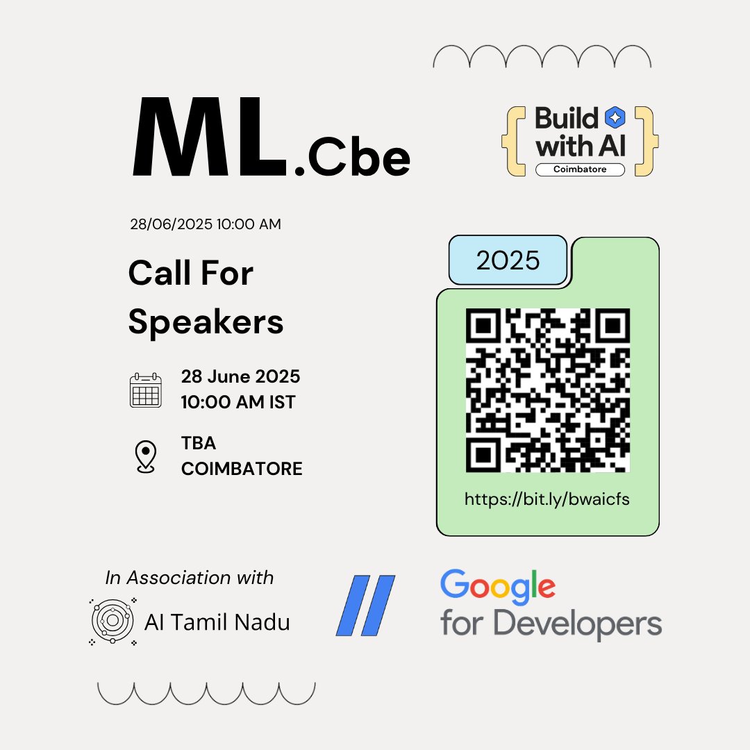 TensorFlow User Group Coimbatore (@tfugcbe) on Twitter photo 🎤Take the stage at ML.Cbe, powered by <a href="/googledevs/">Google for Developers</a> #BuildWithAI
We're calling AI builders, ML experts & GenAI enthusiasts to speak at Tamil Nadu’s top AI event!
📅 28 June 2025 | 🕙 10:00 AM IST
📍 Coimbatore (Venue TBA)
🔗 Apply now: bit.ly/bwaicfs
#MLCbe #AI #GenAI 🎤Take the stage at ML.Cbe, powered by <a href="/googledevs/">Google for Developers</a> #BuildWithAI
We're calling AI builders, ML experts & GenAI enthusiasts to speak at Tamil Nadu’s top AI event!
📅 28 June 2025 | 🕙 10:00 AM IST
📍 Coimbatore (Venue TBA)
🔗 Apply now: bit.ly/bwaicfs
#MLCbe #AI #GenAI