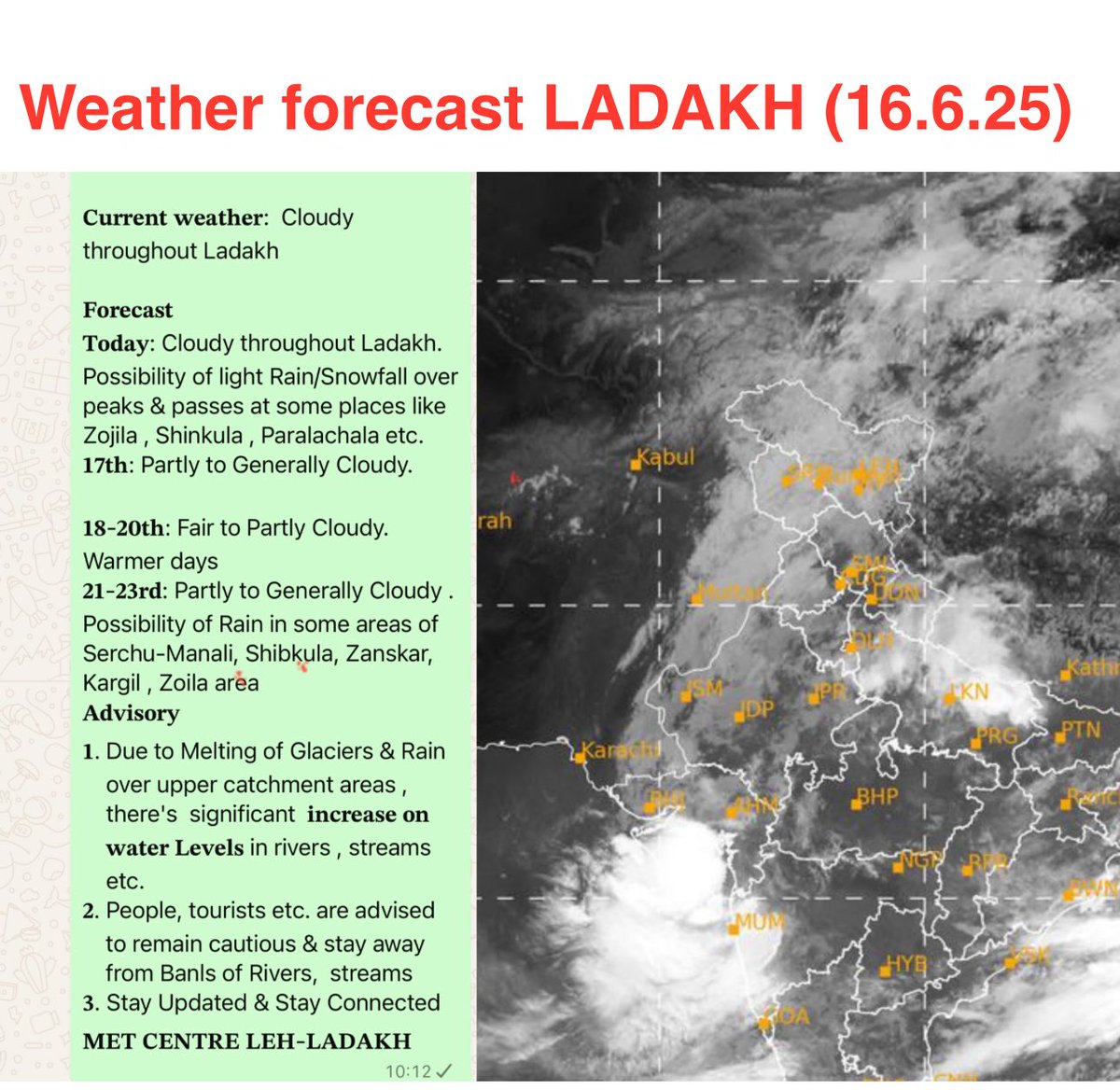 metcentreleh's tweet image. Weather forecast LADAKH
Today & Tomo, weather will remain Cloudy with possibility of #Rain #Snow in some areas especially Serchu-Manali, areas.
饾煆饾煐-饾煇饾煄饾惌饾悺: DRY & Warm
饾煇饾煆-饾煇饾煈饾惈饾悵: Cloudy, Rain in some areas
饾悁饾悵饾惎饾悽饾惉饾惃饾惈饾惒
In Summer, in Mountains, Always remain Alert