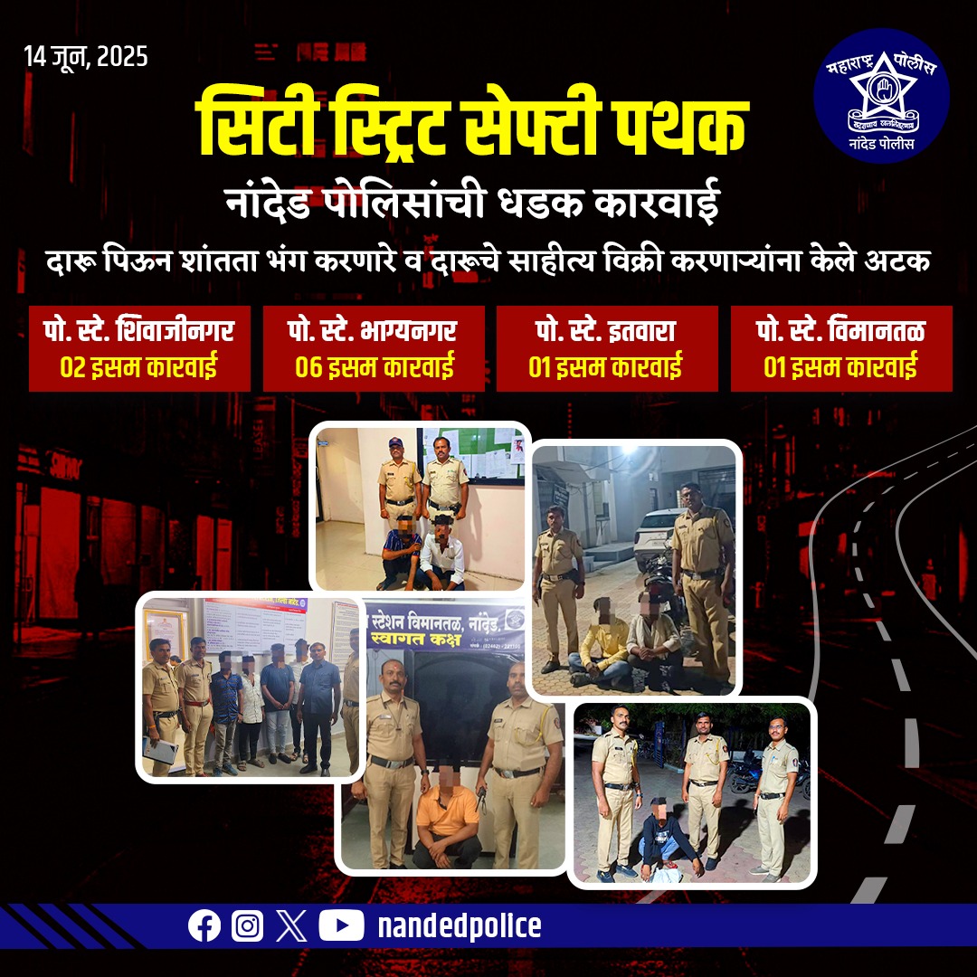 सिटी स्ट्रिट सेफ्टी पथकाची प्रभावी कारवाई!

नांदेड शहरातील विविध भागांत दारू पिऊन सार्वजनिक शांतता भंग करणारे व दारूचे साहित्य विक्री करणाऱ्यांविरोधात धडक कारवाई!

🔹 पोलीस स्टेशन शिवाजीनगर, भाग्यनगर, इतवारा, विमानतळ
🔹 एकूण 10 आरोपी ताब्यात

#NandedPolice #CitySafetyDrive
