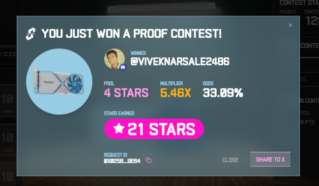 I just won 21 stars in the Succinct Stage 2 Proof Contest! 

Prove with us <a href="/SuccinctLabs/">Succinct</a> #ProveWithUs