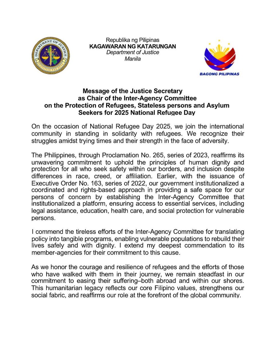 PHinKuwait's tweet image. READ | Message of the Justice Secretary as Chair of the Inter-Agency Committee on the Protection of Refugees, Stateless persons and Asylum Seekers for 2025 National Refugee Day

#DOJPH #DFAForgingAhead #PHinKuwait #FilipinosinKuwait
#BagongPilipinas