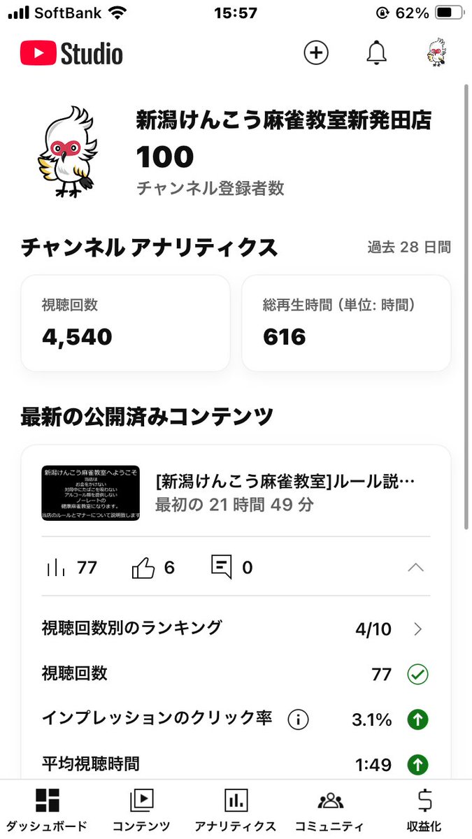 q_ichi_aida's tweet photo. ついに昨日
チャンネル登録者数が
100名を超えました🎉
皆様ありがとうございます😊

色々な動画を試す中で
●このお店ではどのようなルールで麻雀をやっているの？
●来店しようと考えているけどルールが分からなくて不安
といった方のために作成し��みました。

https://t.co/WtZ8fYel43 https://t.co/yrzYRwhZW5