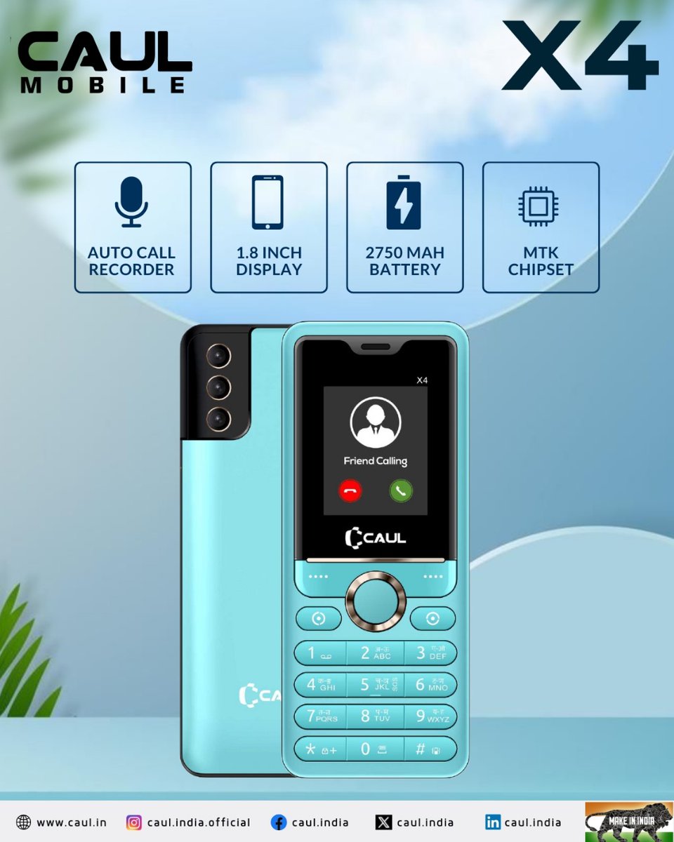CaulIndia's tweet image. Caul X4 — Power meets precision.
Equipped with a 1.8&quot; Display, 2750mAh long-lasting battery, MTK Chipset, and Auto Call Recorder, the X4 is built for those who demand reliability with style.

#X4Power #CaulMobile #ReliableTech #LongLastingBattery #KeypadPhone #AutoCallRecorder