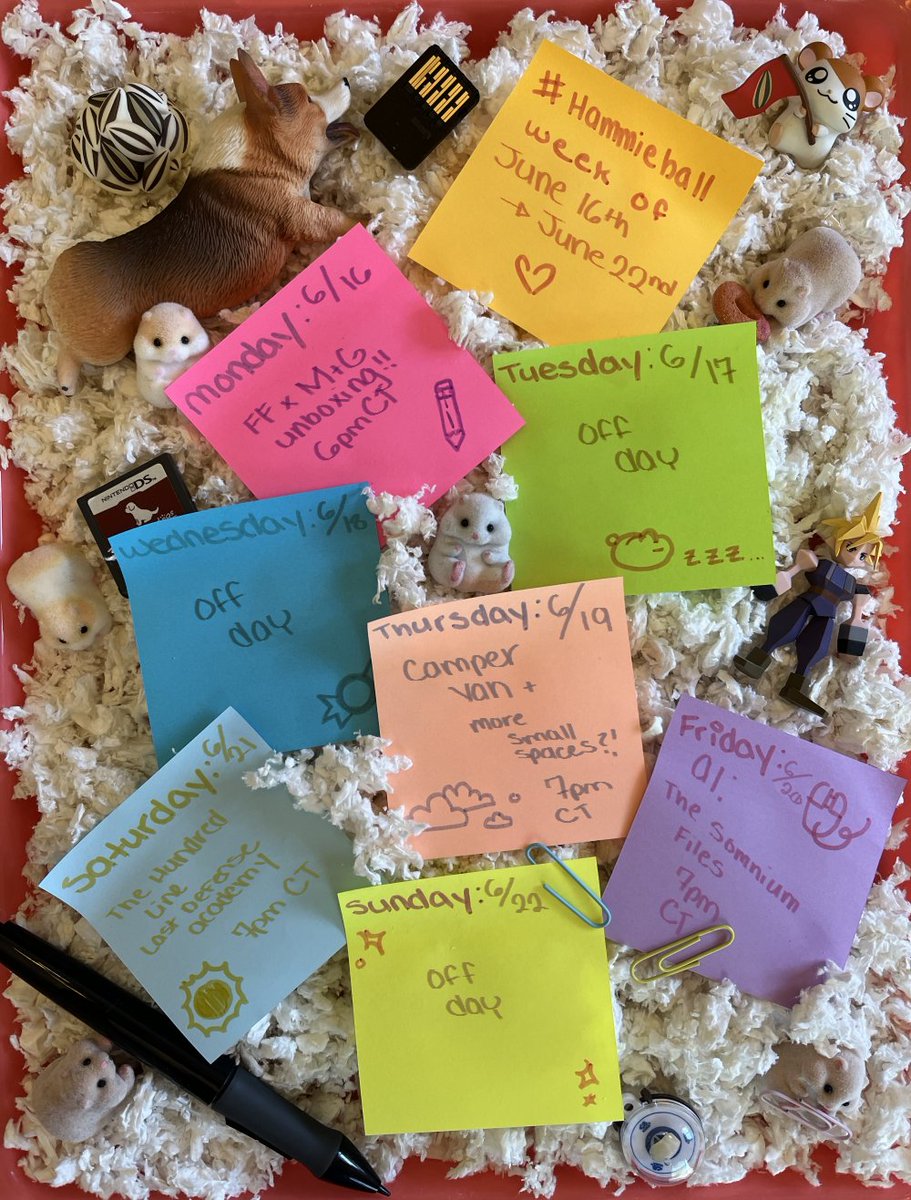 🐹 hammie's schedule June 16th - June 22nd🐹
╰┈➤  as always, don't forget to peek at alt text for more timezones and info!
[ 📺 #hammieball 👉 twitch.tv/hamelahampter ]