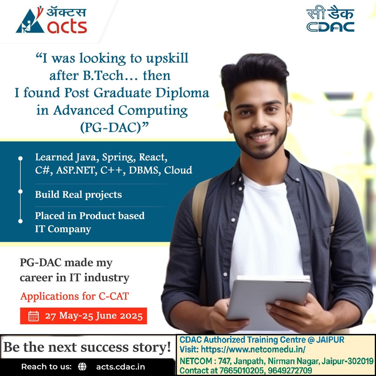 NetcomAtcCdac's tweet photo. Centre for Development of Advanced Computing (C-DAC) is the premier R&amp;D organization of the Ministry of Electronics and Information Technology (MeitY)   https://t.co/FGprEUnzVy
Admission Notification

PG-DIPLOMA AUGUST 2025

Contact at 7665010205, 096492 72709 https://t.co/cWxf2bGVYj