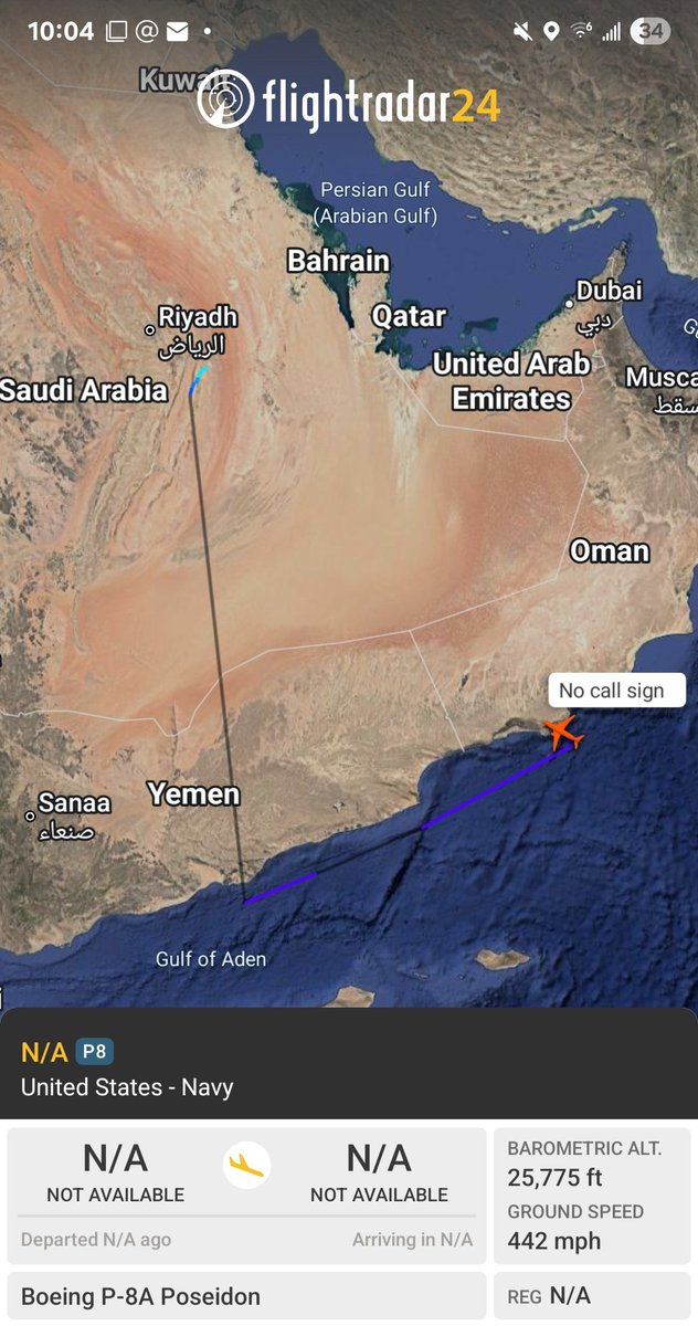Borrowed7Time's tweet photo. US Navy P-8A Poseidon #AE689C out of Prince Sultan AB, operating over the Gulf of Oman along the Yemen/Oman coast.
@sipjack1776 @Dinlas3 https://t.co/Ay2Q7fhKgE
