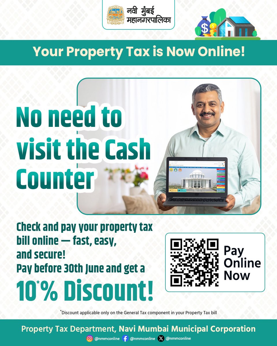 NMMConline's tweet photo. Pay your Property Tax online
No queues, no hassle! Get a 10% discount by paying before 30th June. Scan the QR Code and pay now!
#NaviMumbai #PropertyTaxOnline #PayTaxOnline #NMMConline #TaxDiscount #DigitalNaviMumbai #SmartCity #OnlinePayment #JuneDeadline #HassleFreeTax #NMMC #GoDigital #SaveTime #StaySafe #PayBefore30thJune
@CMOMaharashtra @MahaDGIPR @mygovMaha
@NaviMumbaiNet @NaviMumbaiCity @NaviMumbaikars @TV9Marathi @navarashtra @NDTVMarathi @navimumbai @_DigitalIndia