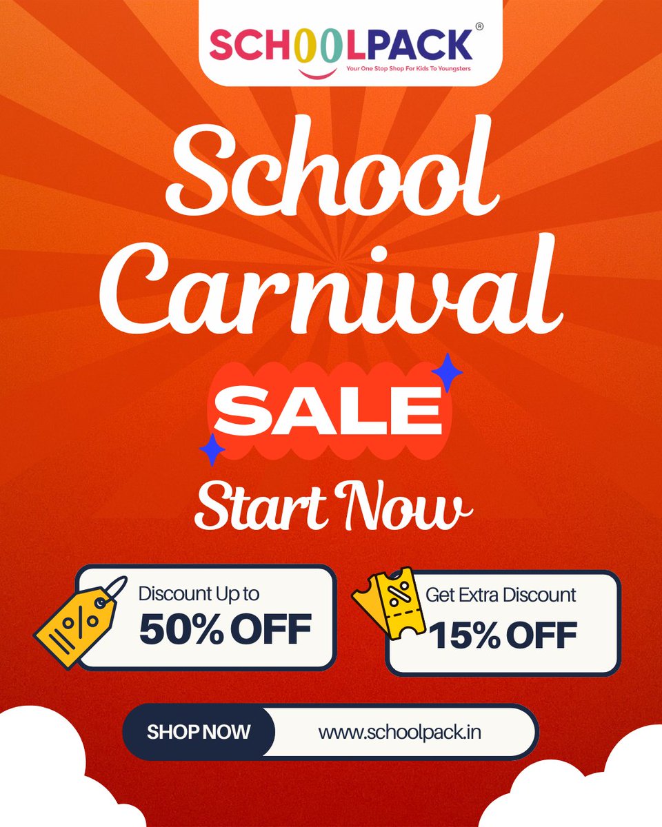 Schoolpack01's tweet photo. 🎉 The School Carnival SALE is LIVE! 🎒
Get up to 50% OFF + Extra 15% OFF on everything your kids need – from fashion to stationery, toys to school bags!
🛍️ Hurry, shop now at 👉 https://t.co/zrUIN2H5VP
#SchoolCarnivalSale #BackToSchool #SchoolpackIndia #KidsShopping #SaleAlert https://t.co/piq0uLjOGG