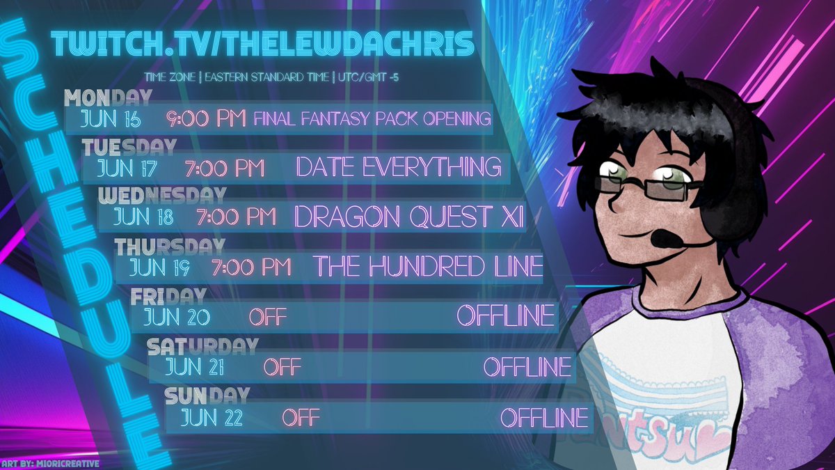You know I totally forgot to post my #twitch schedule last week. I am so bad at this social media thing. It hard! Well here's my schedule for this week at least. If you like Magic, dating, Akira Toriyama, and blood powers you'll love my channel!