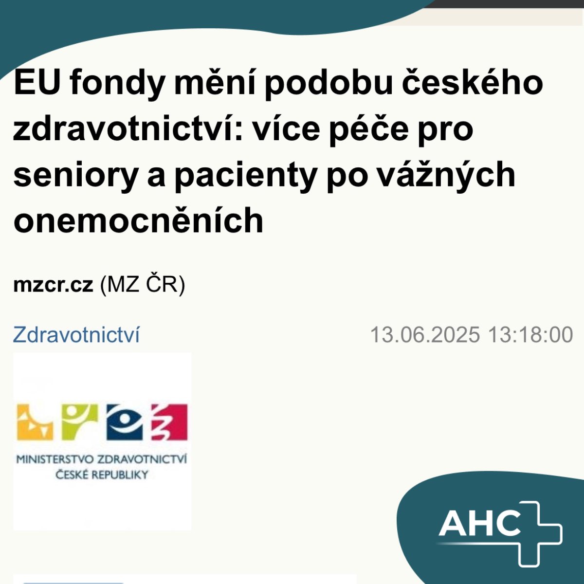 V AHC umíme péči o seniory, která bude čím dál potřebnější. Máme po celé ČR:
➡️ 16 pobytových zařízení zdravotních či sociálních služeb 🏥
➡️ 29 poboček domácí péče Sestřička. cz 🚗
➡️ více o financích EU na dlouhodobější podporu seniorů zpravy.kurzy.cz/815617-eu-fond…