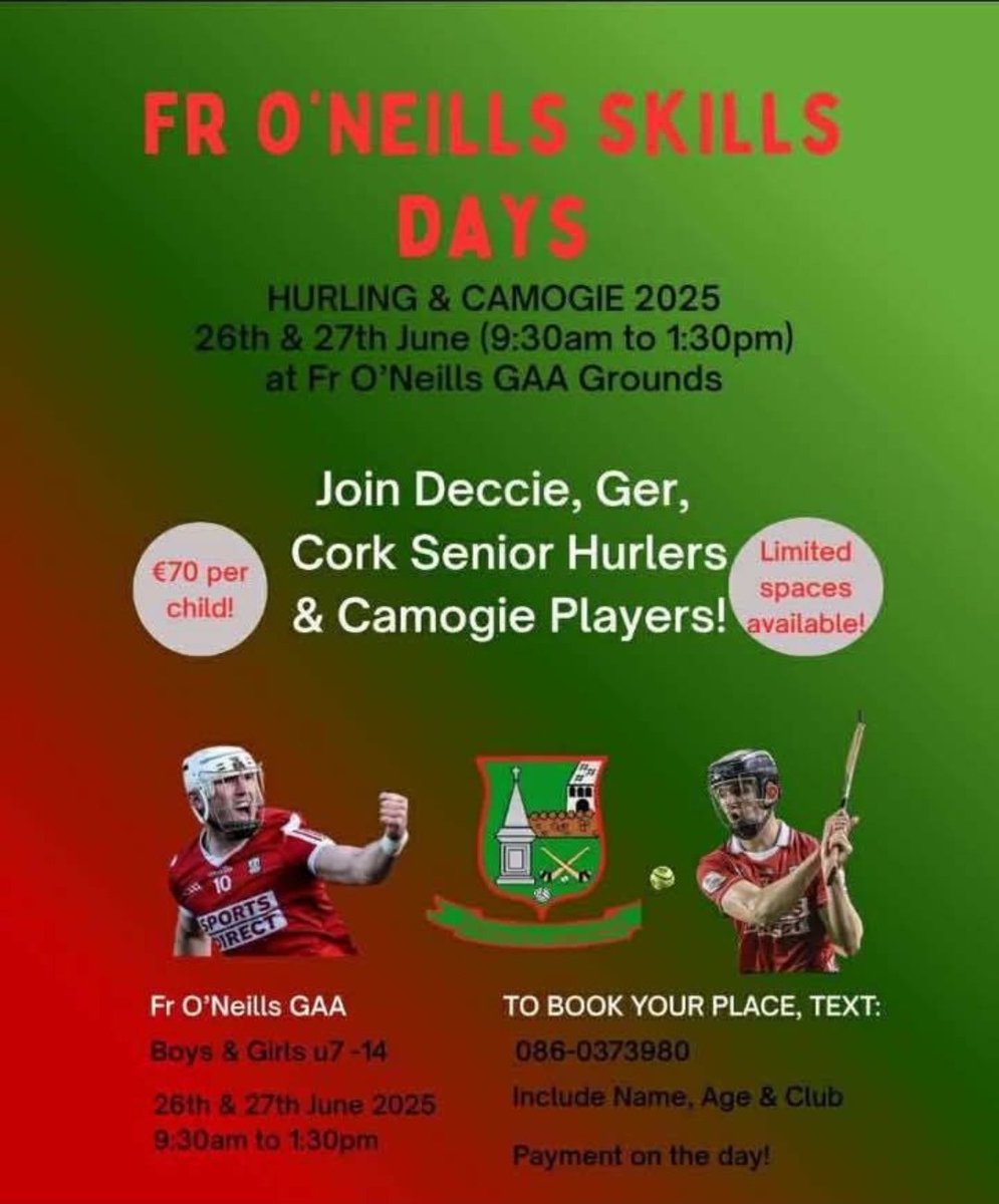 Join Deccie, Ger. and many more of our Cork Senior Hurlers in Aghavine to learn from the best 🇧🇩🇧🇩🇧🇩🇵🇪🇵🇪🇵🇪, #MonONeills