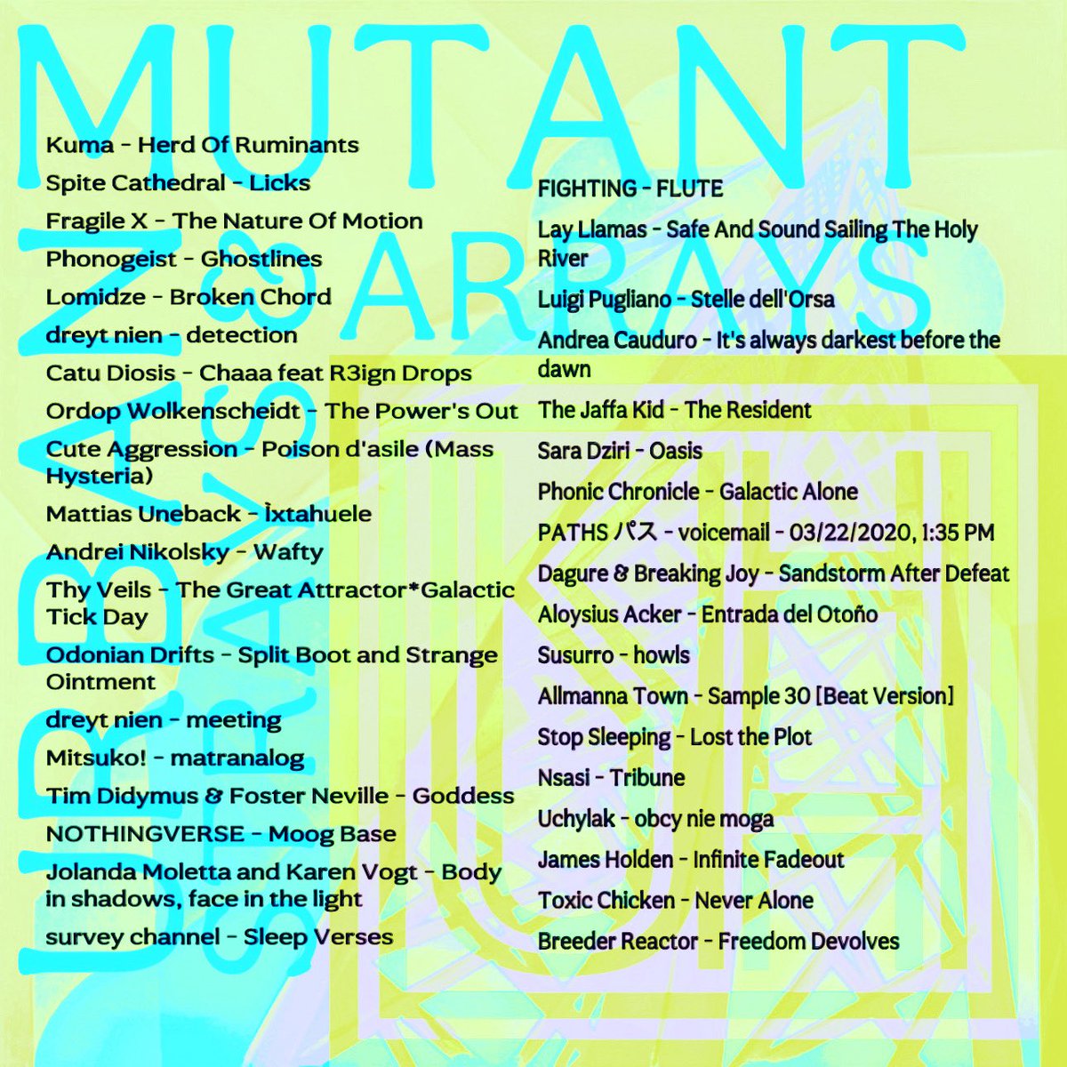 ππ πππππ πΈπ»π¦βπ₯ (@urbanmutant_) on Twitter photo mixcloud.com/UrbanMutant/urβ¦
From Saturdayβs Urban Mutant #darkwave #ambient #idm #experimental #electronica #soundtrack #dreampunk #nohitsallthetime #soundscape #lowtempo #noise #synthwave #hauntology #library #avantgarde #khuh #Seattle <a href="/hollowearth/">Hollow Earth Radio</a> mixcloud.com/UrbanMutant/urβ¦
From Saturdayβs Urban Mutant #darkwave #ambient #idm #experimental #electronica #soundtrack #dreampunk #nohitsallthetime #soundscape #lowtempo #noise #synthwave #hauntology #library #avantgarde #khuh #Seattle <a href="/hollowearth/">Hollow Earth Radio</a>
