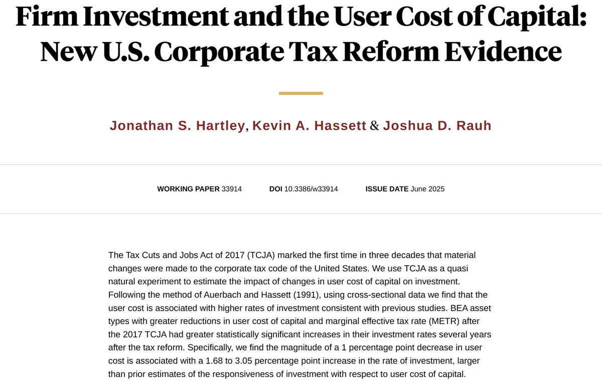 Jon Hartley (@jon_hartley_) on Twitter photo New @NBERpubs Working Paper with National Economic Council (NEC) Director Kevin Hassett and <a href="/HooverInst/">Hoover Institution</a> Senior Fellow/<a href="/StanfordGSB/">Stanford Graduate School of Business</a> professor @JoshRauh: "Firm Investment and the User Cost of Capital: New U.S. Corporate Tax Reform Evidence" Thread🧵 nber.org/papers/w33914 New @NBERpubs Working Paper with National Economic Council (NEC) Director Kevin Hassett and <a href="/HooverInst/">Hoover Institution</a> Senior Fellow/<a href="/StanfordGSB/">Stanford Graduate School of Business</a> professor @JoshRauh: "Firm Investment and the User Cost of Capital: New U.S. Corporate Tax Reform Evidence" Thread🧵 nber.org/papers/w33914