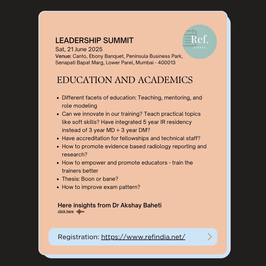 REF_INDIA's tweet image. 🚀 Leadership Summit 2025
Unlock your leadership potential! 💡
📍Eligible for MMC Points
🎤 Hear insights from Dr. Akshay Baheti 👉 Here
drive.google.com/file/d/1qIM9rW…
🔗 Register Now & Learn More: refindia.net/current-past-r…
#LeadershipSummit #MMCPoints #MedicalLeadership #LearnAndGrow