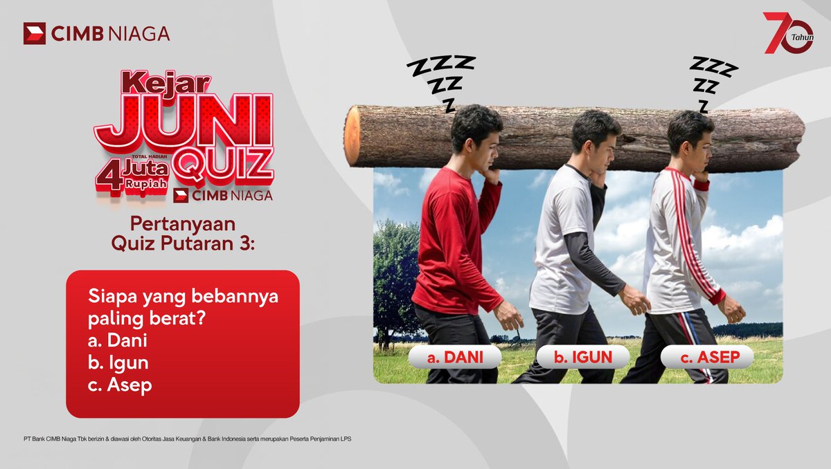 Sudah masuk bulan Juni, tapi curah hujan masih cukup tinggi. Untuk mencegah pohon tumbang, Dani, Igun, dan Asep, menebang pohon yang usianya cukup tua. 

Setelah itu mereka menggotong satu batang pohon yang cukup besar. Di antara mereka bertiga, siapa yang bebannya paling berat?