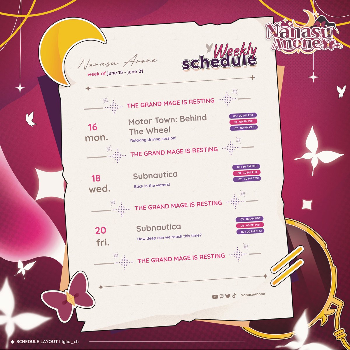 𐔌 . ⋮ 𝓦𝓔𝓔𝓚𝓛𝓨 𝓢𝓒𝓗𝓔𝓓𝓤𝓛𝓔.ᐟ ֹ ₊ ꒱

 📅: June 15-21, 2025 ♡

✉️: barsama.biz@gmail.com
💌: nanasuanone.carrd.co (All socials, reference sheet, tags, and more!)