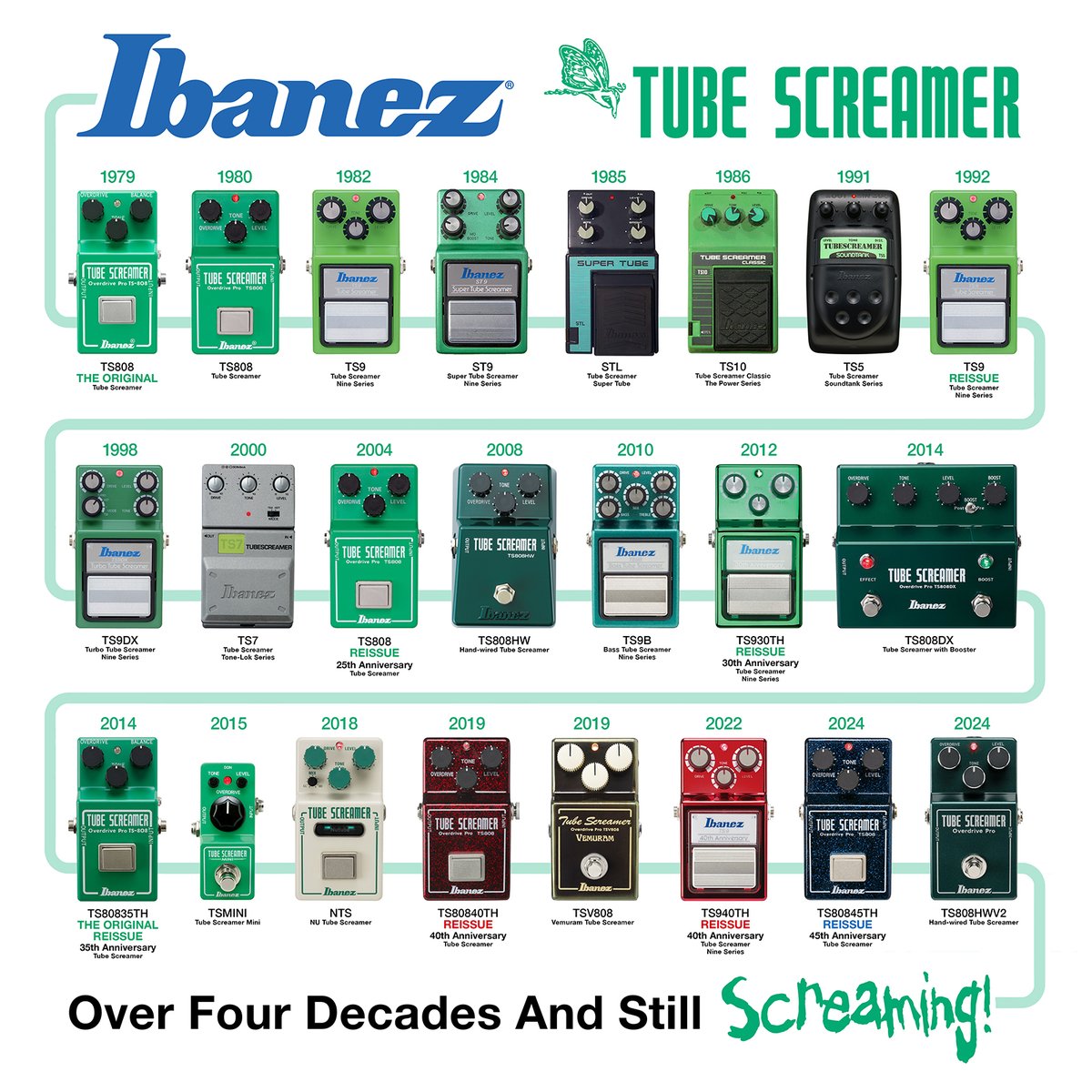 From the day  it debuted in 1979 until its most recent re-envisioning with the release  of the TS808HWV2, the Tube Screamer, in all its forms, has left an  indelible mark on music and countless pedal boards.

Instagram TS Account: instagram.com/ibanez_tube_sc…
#tubescreamer