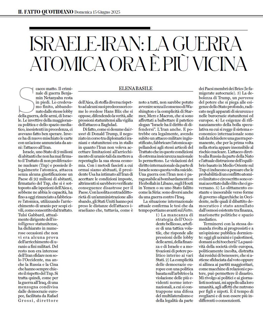 ElenaBasileIT's tweet image. Perché l'attacco di Israele all' Iran conferma la violazione delle democrazie occidentali delle norme piû evidenti del diritto internazionale e lo slittamento verso forme di governo oligarchiche
La passività della società civile politicamente incolta e distratta dai residui di…