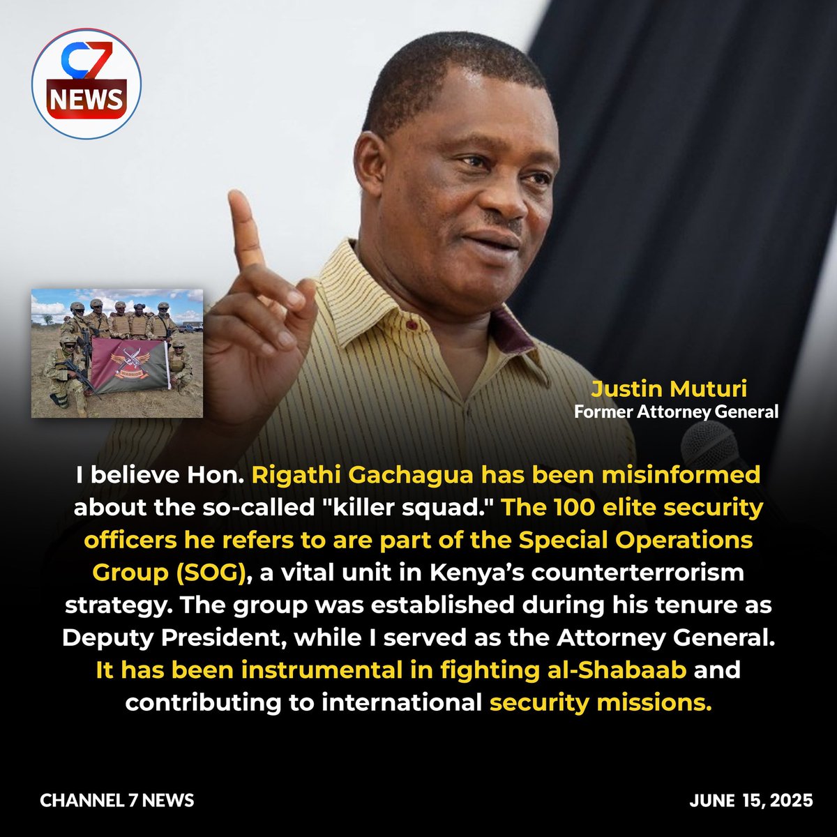 Rigathi Gachagua's LIES about the existence of a "killer squad" DEBUNKED!

First things first: The 101 elite security personnel he keeps referring to are part of the Special Operations Group (SOG).

SOG is a critical player in Kenya's fight against terrorism, particularly against