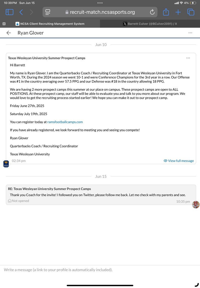Barrett Culver (@bculver2091) on Twitter photo Thank you to Coach Glover for my first college camp invite!!! <a href="/Coach_RGlover/">Ryan Glover</a> <a href="/Anointed12Acad/">Anointed12Academy</a> <a href="/NCSACoachGroce/">NCSACoachGroce</a> Thank you to Coach Glover for my first college camp invite!!! <a href="/Coach_RGlover/">Ryan Glover</a> <a href="/Anointed12Acad/">Anointed12Academy</a> <a href="/NCSACoachGroce/">NCSACoachGroce</a>