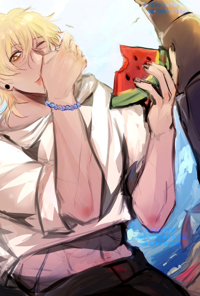 Satoptato's tweet photo. It isn't summer without a slice of watermelon.

Kalmyev, again, from #HuntersGuildRP 's summer event. https://t.co/ZaKm1cpCKk