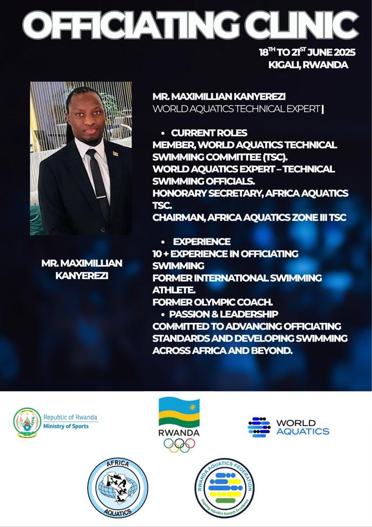 Rwanda Aquatics Federation (@rwandaaquatics) on Twitter photo Rwanda Aquatics is hosting a Swimming Officiating Clinic led by <a href="/akiikirezi/">Maximillian Akiiki Mutooro</a> Mr. Max KANYEREZI, a World Aquatics Expert in Officiating & Training!
Participants will gain practical knowledge on WA rules, roles of officials, and softwares.
<a href="/Cy_Munyana/">Cynthia Munyana</a>
<a href="/drukare/">Donald Rukare</a>
<a href="/NgarambeRwego/">Rwego NGARAMBE</a> Rwanda Aquatics is hosting a Swimming Officiating Clinic led by <a href="/akiikirezi/">Maximillian Akiiki Mutooro</a> Mr. Max KANYEREZI, a World Aquatics Expert in Officiating & Training!
Participants will gain practical knowledge on WA rules, roles of officials, and softwares.
<a href="/Cy_Munyana/">Cynthia Munyana</a>
<a href="/drukare/">Donald Rukare</a>
<a href="/NgarambeRwego/">Rwego NGARAMBE</a>