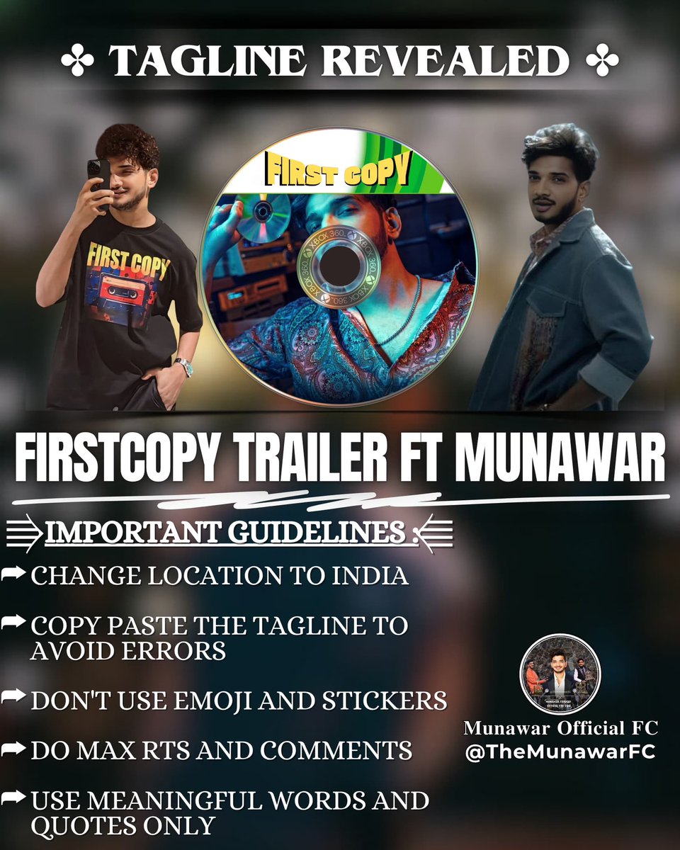 ✤TAGLINE REVEALED✤

FIRSTCOPY TRAILER FT MUNAWAR

IMPORTANT GUIDELINES:
●Change LOCATION to INDIA
●Copy paste the tagline to avoid errors
●Don’t use emoji and stickers
●Do max RTs and comments
●Use meaningful words and quotes only

#MunawarFaruqui #MKJW