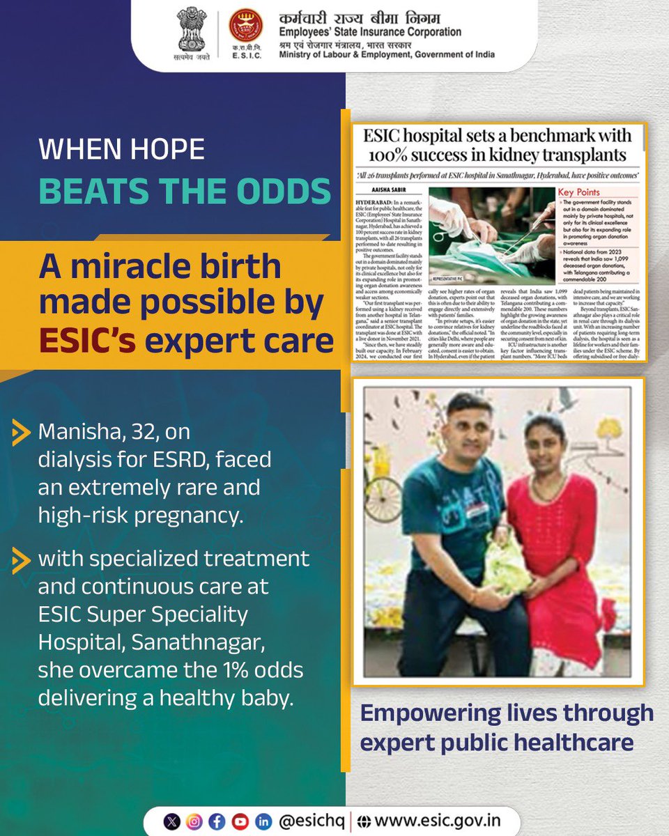 Absolutely amazing!

Congratulations to the doctors and nurses at ESIC Super Speciality Hospital, Sanathnagar, for successfully delivering a healthy baby in an extremely rare and high-risk pregnancy case.

At ESIC we are providing high-quality and expert healthcare to our workers
