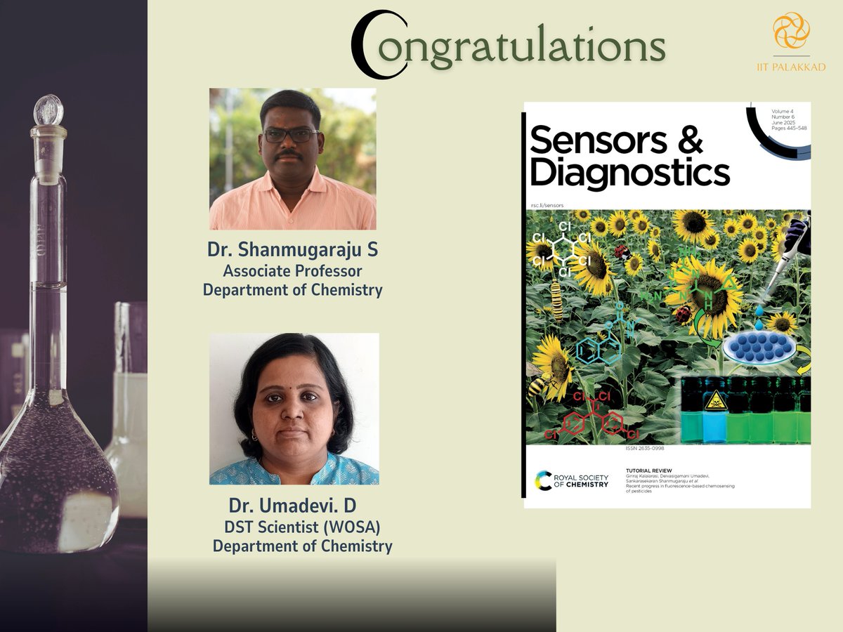 Congratulations!

The recent work by Dr. Umadevi D., DST Scientist (WOSA), and Dr. Shanmugaraju S., Associate Professor in the Department of Chemistry, has been featured on the front cover of Sensors &amp; Diagnostics, a journal of the Royal Society of Chemistry.