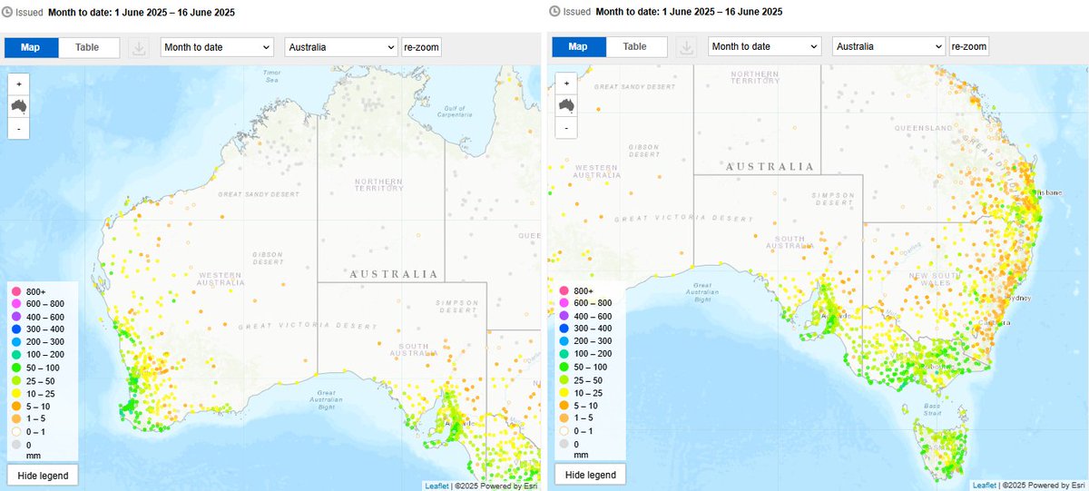 June rainfall to date - see legend for value ranges.