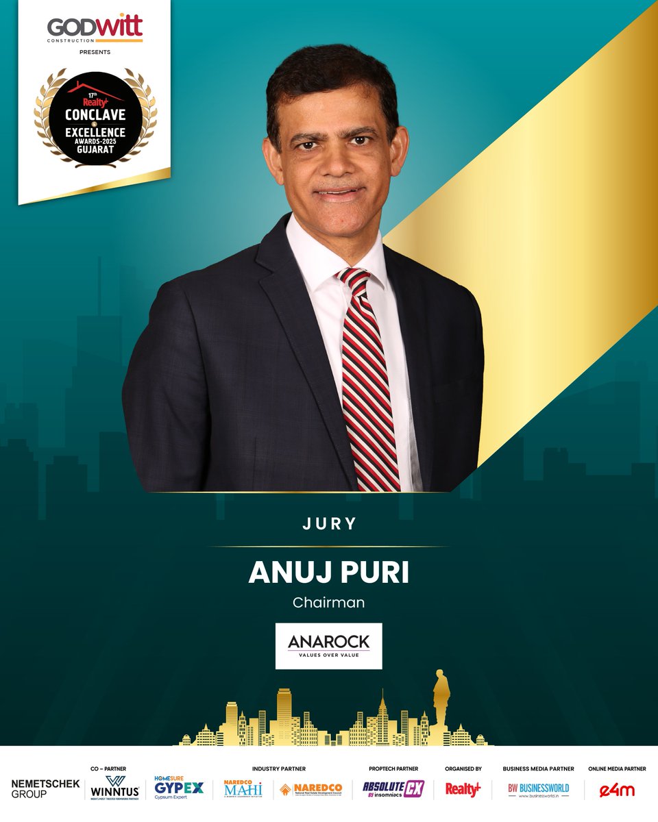 Anuj Puri (@theanujpuri) on Twitter photo Delighted as always to be on the Jury Panel of the 17th <a href="/RPRealtyPlus/">Realty+</a> Conclave & Excellence Awards 2025 - Gujarat. Register and join us at the event on 4th July at Hyatt, Ahmedabad, where the winners will be announced bit.ly/4i6VonF Delighted as always to be on the Jury Panel of the 17th <a href="/RPRealtyPlus/">Realty+</a> Conclave & Excellence Awards 2025 - Gujarat. Register and join us at the event on 4th July at Hyatt, Ahmedabad, where the winners will be announced bit.ly/4i6VonF
