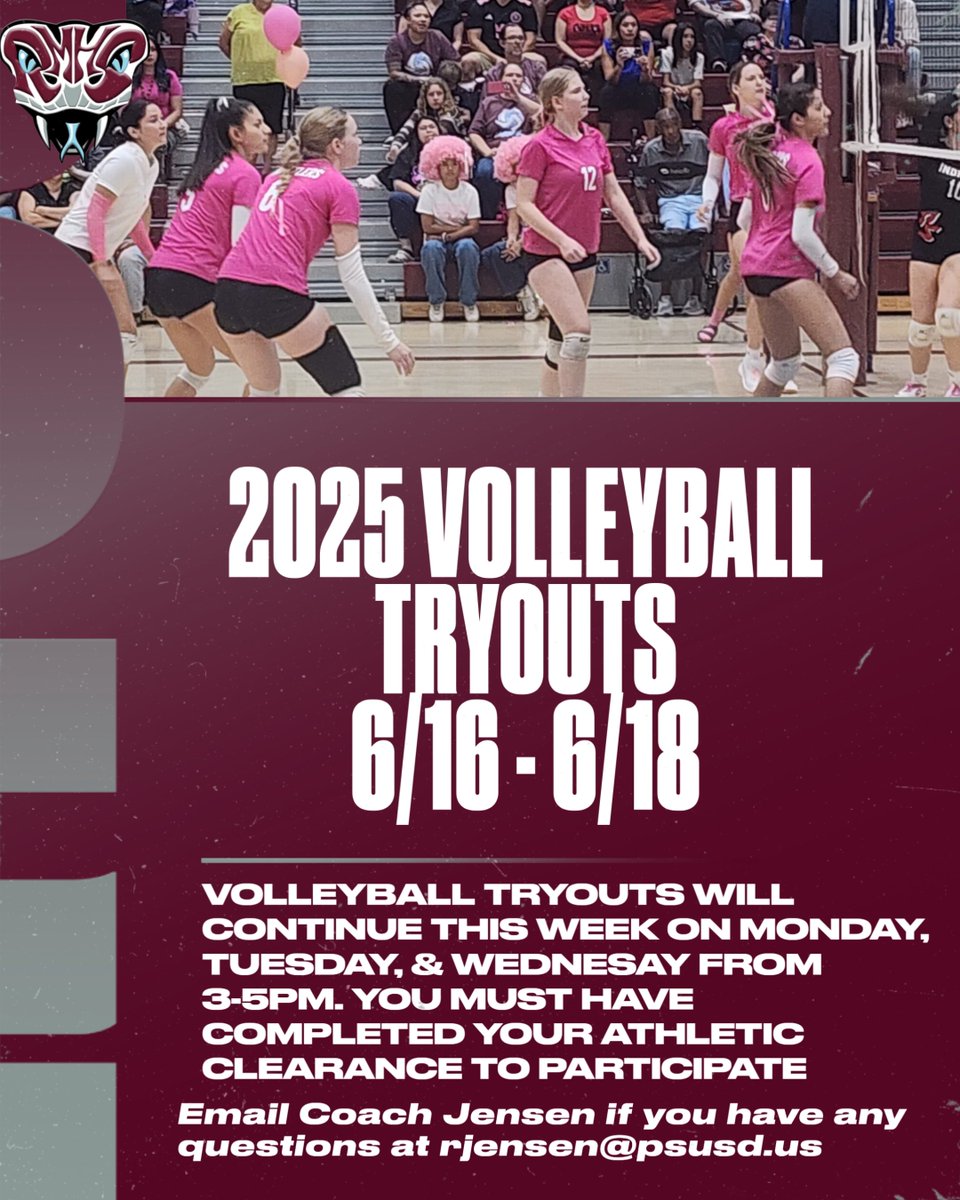 Volleyball tryouts will continue this week on Monday, Tuesday, and Wednesday from 3-5PM in the main gym. You must have already completed your athletic clearance in order to participate.