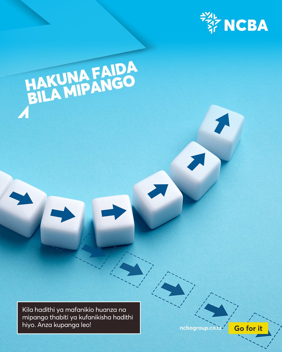 Jipange vizuri kuhusu hatua za kuchukua ili kufikia mafanikio yako ya baadae. Mali bila daftari hupotea bila habari!

Karibu NCBA Bank kwa ushauri na mipano bora ya kifedha.
 
#GorForIt #Saving