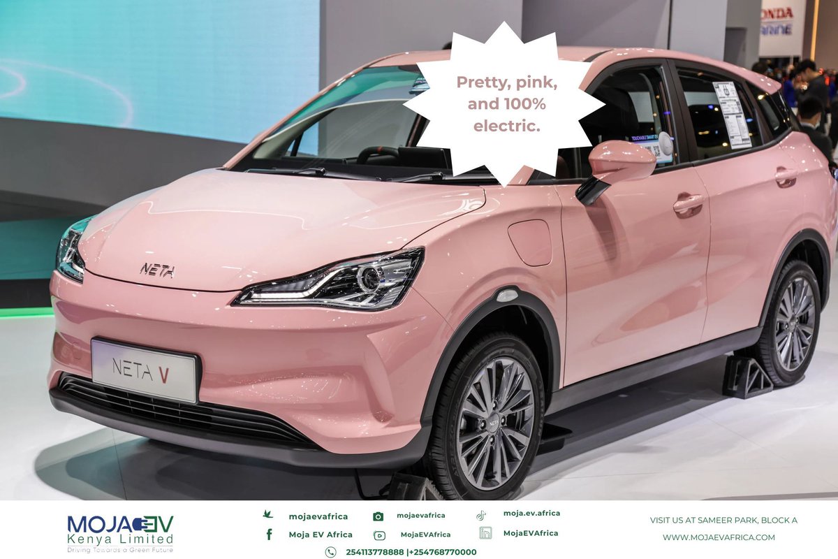 mojaevafrica's tweet image. Meet the model that’s redefining electric elegance.
 Sleek. Silent. Sophisticated.
 The Neta V in blush pink isn’t just a car, it&apos;s a statement.
Drive the future. In style. 
#NetaV #MojaEV #ElectricWithStyle #SmartMobility #EVKenya #SustainableLuxury #DriveTheFuture