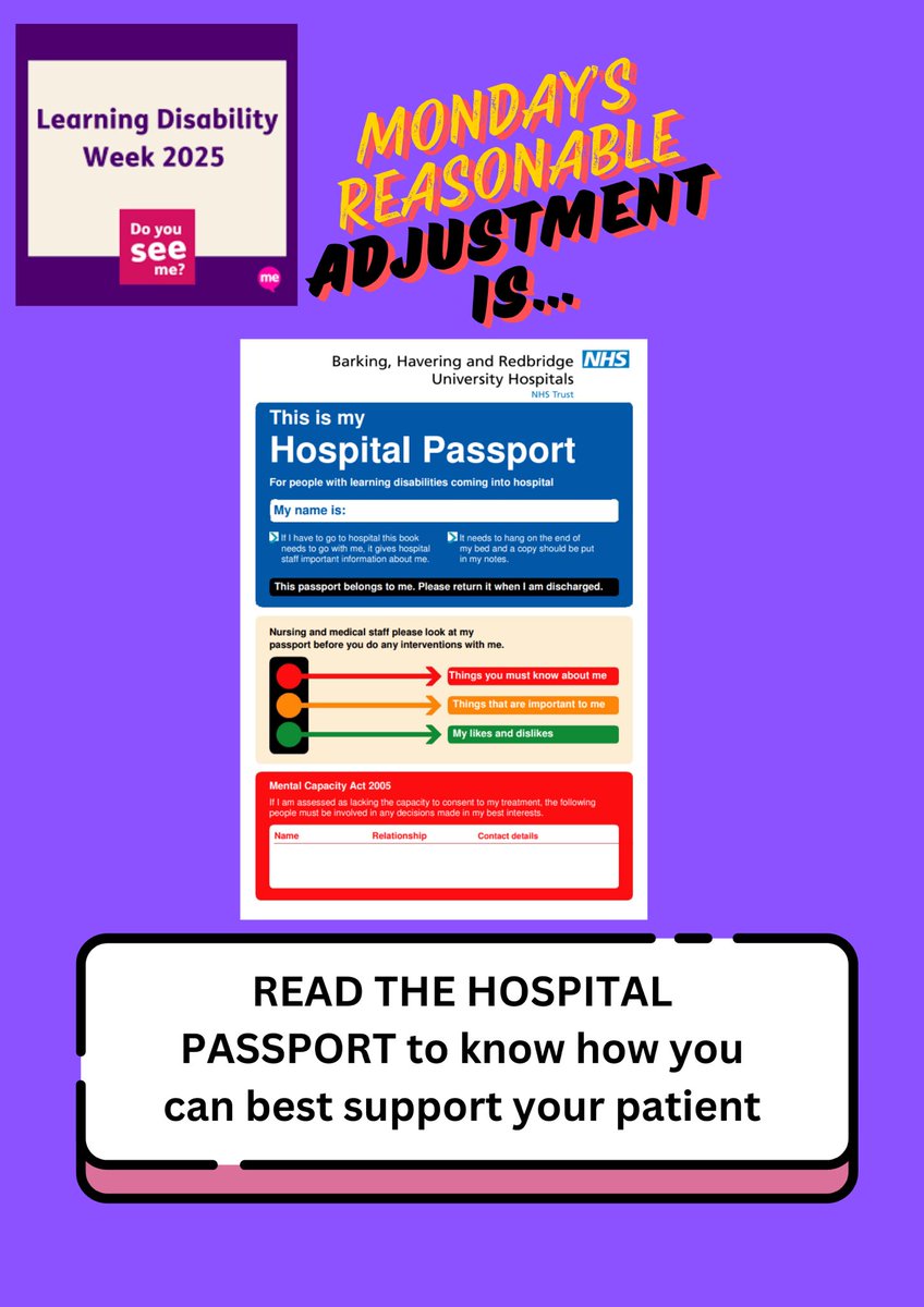 Happy Learning Disability Week 2025!

To kick-start the week, we begin with our reasonable adjust for Monday, which would be about the Learning Disability Hospital Passport where it will give you invaluable information how to support someone in hospital.