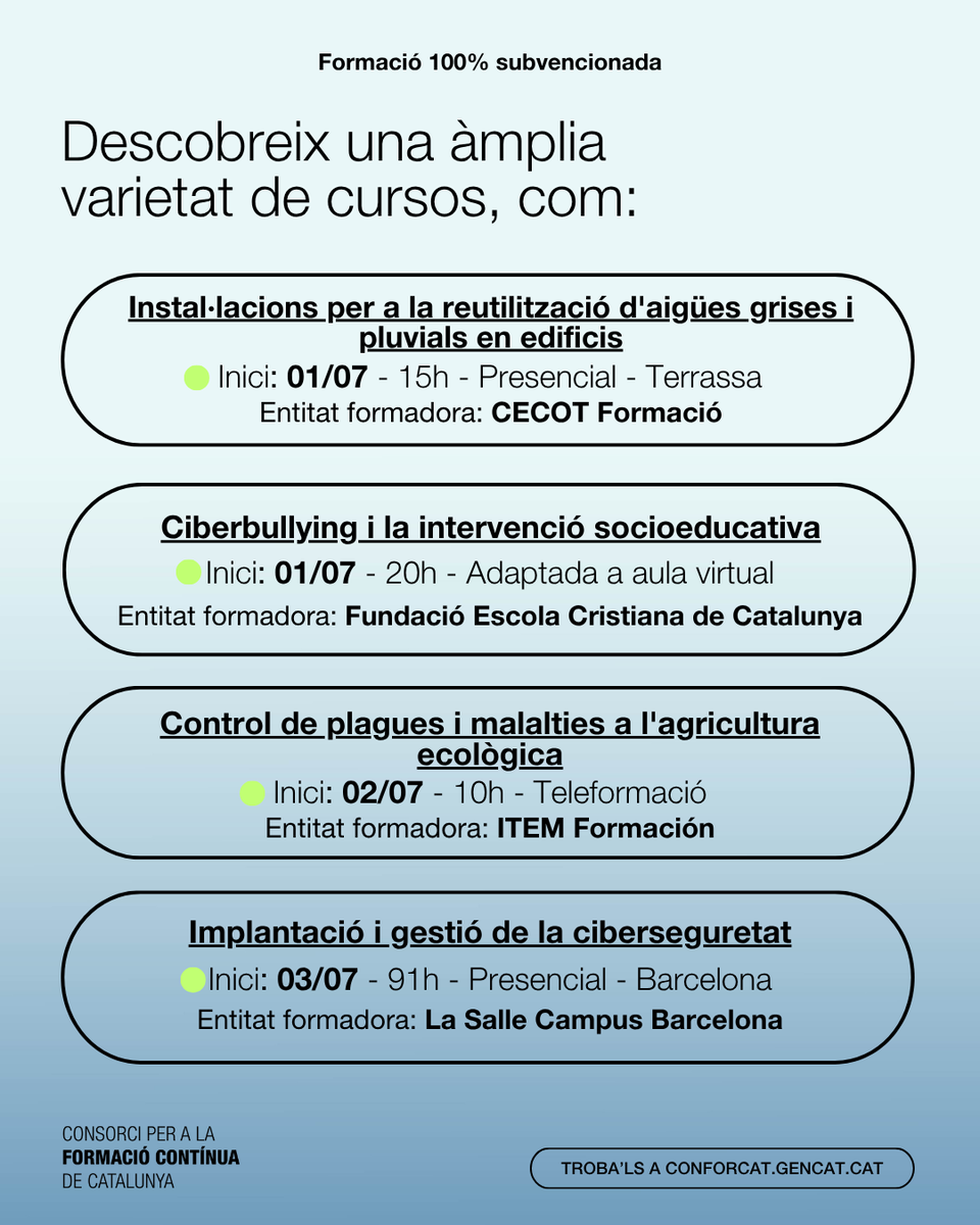 Formació contínua (@fpo_continua) on Twitter photo 📢Cursos d'especialitats sectorials i competències transversals 💯% subvencionats!
🗓️ Amb data d'inici entre l'1 i el 3 de juliol.
💻Consulta aquests i molts més al nostre cercador de #cursos 👉 gen.cat/3M5bWgv
<a href="/cecotformacio/">Cecot Formació</a>
<a href="/LaSalleBCN/">La Salle BCN</a>
<a href="/itemformacion/">Item Formación</a>
<a href="/FeccComunicacio/">FECC</a> 📢Cursos d'especialitats sectorials i competències transversals 💯% subvencionats!
🗓️ Amb data d'inici entre l'1 i el 3 de juliol.
💻Consulta aquests i molts més al nostre cercador de #cursos 👉 gen.cat/3M5bWgv
<a href="/cecotformacio/">Cecot Formació</a>
<a href="/LaSalleBCN/">La Salle BCN</a>
<a href="/itemformacion/">Item Formación</a>
<a href="/FeccComunicacio/">FECC</a>