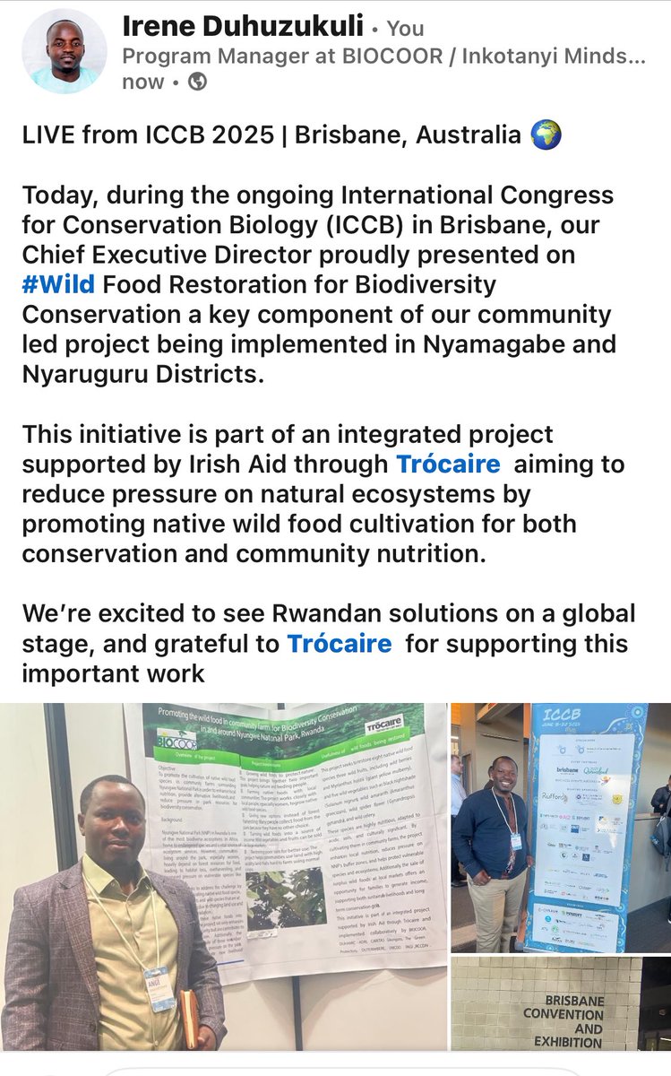 📍Live from #ICCB2025 in Brisbane 🇦🇺

Today, our CED presented on Wild Food Restoration / part of a <a href="/trocaire/">Trócaire</a> rócaire-supported project in Nyamagabe &amp; Nyaruguru, Rwanda 🌿

Promoting native foods for biodiversity &amp; community resilience!
