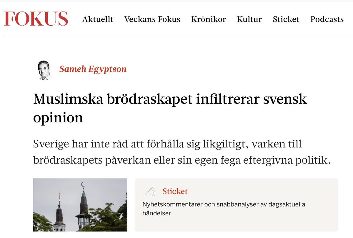 I fokus varnar jag för Muslmiska brödraskapets infilteration av openionen:
"Nyligen avslöjades att en av Brödraskapets skolor, Växjö islamiska skola, fuskade i sin verksamhet, för att skapa eget kapital och finansiera en moské. Det svenska systemet med offentliga medel bygger på