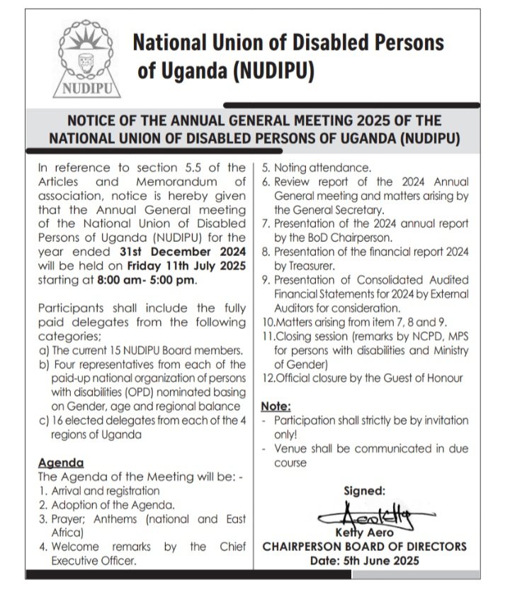 NUDIPU (@nudipu) on Twitter photo ANNUAL GENERAL MEETING 2️⃣0️⃣2️⃣5️⃣
Date confirmed: 11 July.
Kindly take note participation will be by only invite.
📍Venue: will be communicated in the due course.
Thank you for your cooperation.
<a href="/Mglsd_UG/">Ministry of Gender, Labour and Social Development</a>
<a href="/UCC_Official/">UCC</a>
<a href="/8TechConsults/">Eight Tech Consults Ltd</a>
<a href="/AbilisF/">Abilis-säätiö</a> ANNUAL GENERAL MEETING 2️⃣0️⃣2️⃣5️⃣
Date confirmed: 11 July.
Kindly take note participation will be by only invite.
📍Venue: will be communicated in the due course.
Thank you for your cooperation.
<a href="/Mglsd_UG/">Ministry of Gender, Labour and Social Development</a>
<a href="/UCC_Official/">UCC</a>
<a href="/8TechConsults/">Eight Tech Consults Ltd</a>
<a href="/AbilisF/">Abilis-säätiö</a>