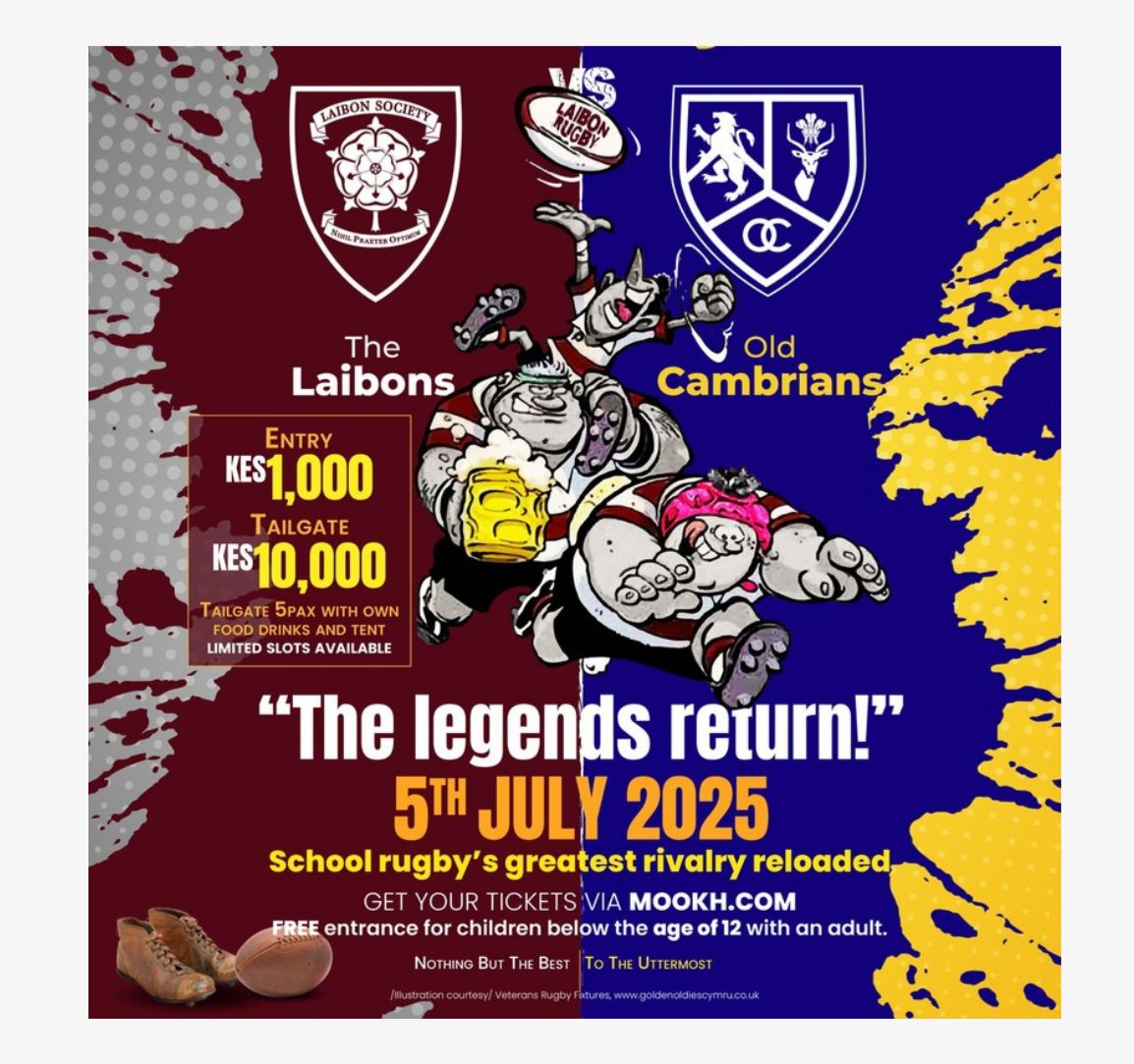 The Laibon Society (@laibonsociety) on Twitter photo Tickets are out for the Laibons vs Old Cambrians match happening on July 5th at Impala Grounds.
🎟️ Ksh 1,000 for Individual Tickets
🚗 Ksh 10,000 for Tailgate Tickets.
Grab yours here before they sell out 👉 mookh.com/event/legends-…
<a href="/lenanaschool/">Lenana School</a> Tickets are out for the Laibons vs Old Cambrians match happening on July 5th at Impala Grounds.
🎟️ Ksh 1,000 for Individual Tickets
🚗 Ksh 10,000 for Tailgate Tickets.
Grab yours here before they sell out 👉 mookh.com/event/legends-…
<a href="/lenanaschool/">Lenana School</a>